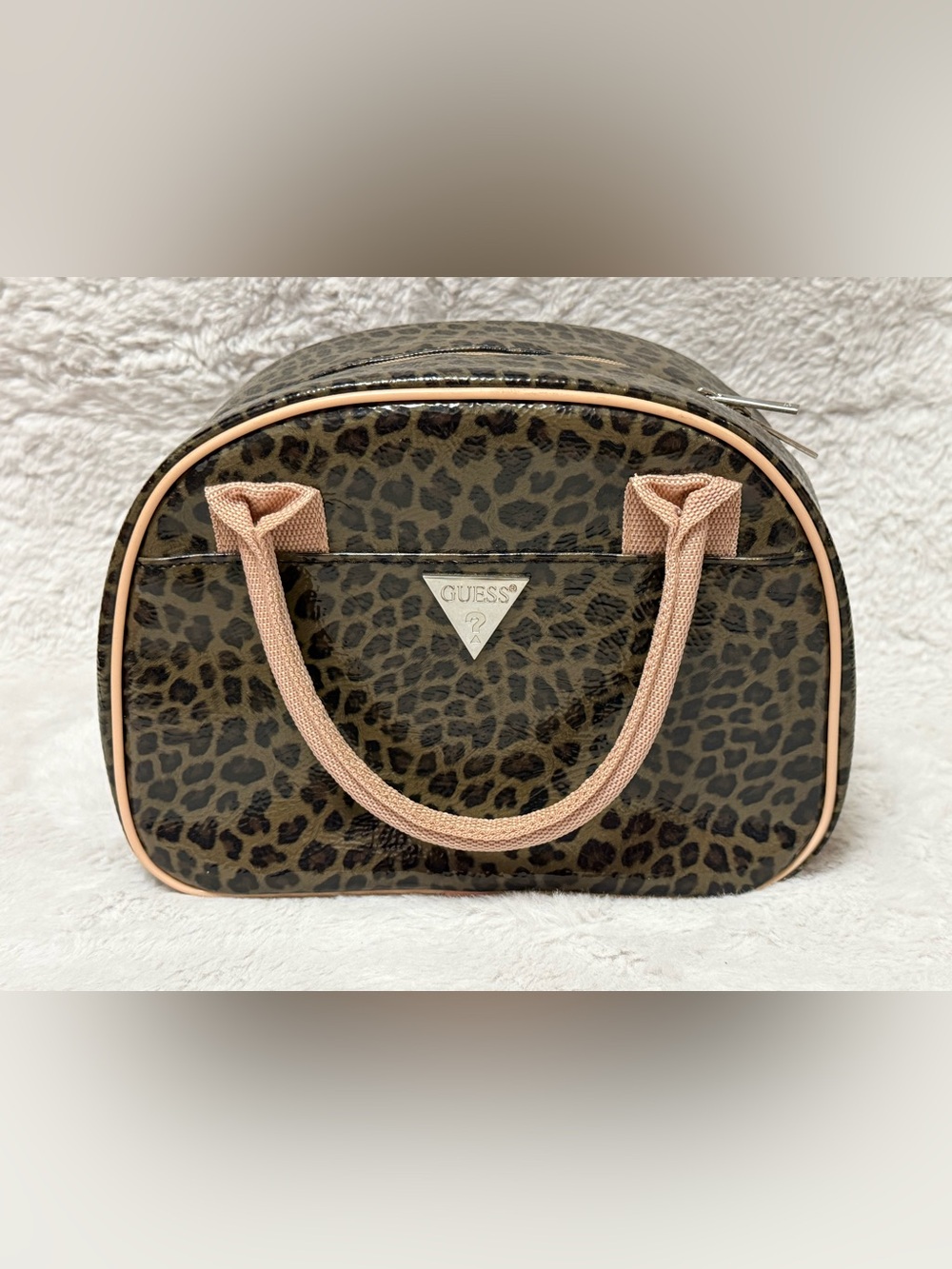 GUESS Leopard Print Dome Cosmetic/ Lunch Bag in Olive Green & Pale Pink/Beige